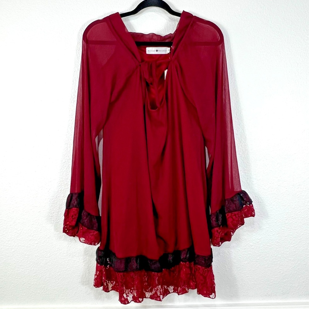 Rancho Estancia Tunic Dress Lace Trim Bell Sleeve Concord Plum Womens Medium